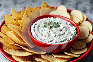 Potato chips in a bowl on a wooden background. easy dip chips, Generative AI