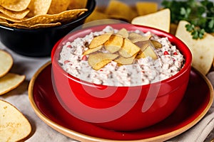 Potato chips in a bowl on a wooden background. easy dip chips, Generative AI