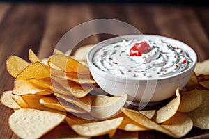 Potato chips in a bowl on a wooden background. easy dip chips, Generative AI