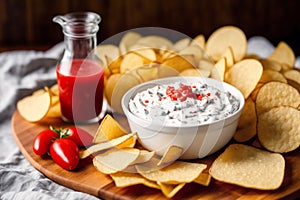 Potato chips in a bowl on a wooden background. easy dip chips, Generative AI