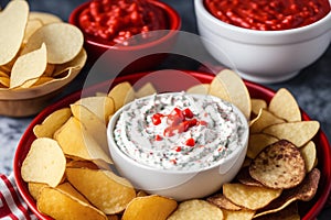 Potato chips in a bowl on a wooden background. easy dip chips, Generative AI