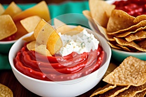 Potato chips in a bowl on a wooden background. easy dip chips, Generative AI