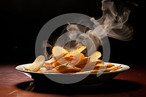 Potato chips in a bowl on a wooden tabletop on a dark background. Generated by artificial intelligence