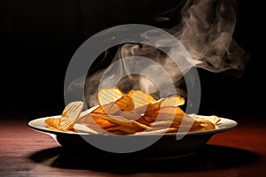 Potato chips in a bowl on a wooden tabletop on a dark background. Generated by artificial intelligence