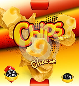 Potato chips. Cheese flavor. Design packaging, vector template