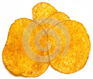 Potato chips closeup isolated on a white background