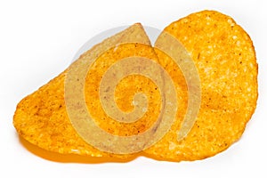 Potato chips closeup isolated on a white background