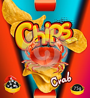 Potato chips. Crab flavor. Design packaging, vector template