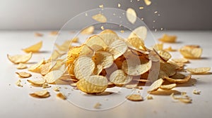 Potato chips are falling on a heap on a white background. Isolated