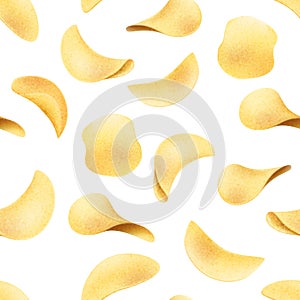 Potato chips, food party pattern. Cooking diet meal, snack collage, baked or fried vegetable pieces, lunch from market