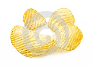 Potato chips, fried appetized chips isolated white background