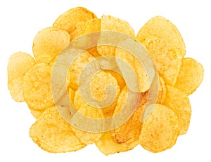 Potato chips isolated on white background. Top view