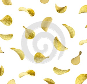 Potato chips levitate on a white background. Falling potato chips isolated on white background