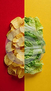 Healthy vs Junk Food Concept with Chips and Lettuce on Split Red and Yellow Background â Diet Contrast Idea