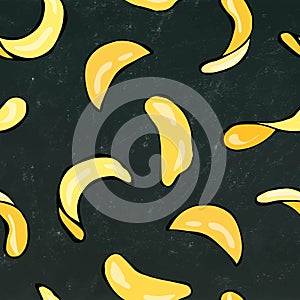 Potato Chips Seamless on a Black Chalkboard Background Fast food Pattern.Realistic Vector Illustration On a