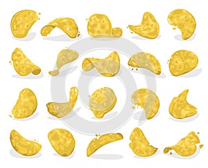 Potato chips set. Crispy salted fast food snack, unhealthy delicious classic snack for menu decoration in cartoon style