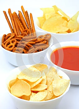 Potato chips, snacks and dip