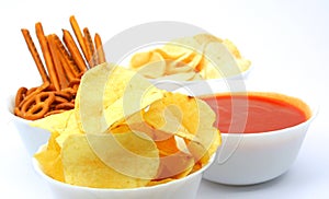 Potato chips, snacks and dip