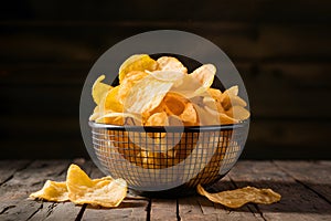 Potato chips in studio light, crispy snack captured deliciously