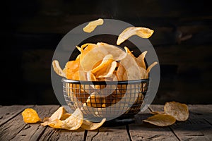Potato chips in studio light, crispy snack captured deliciously photo
