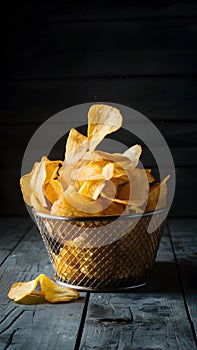 Potato chips in studio light, crispy snack captured deliciously photo