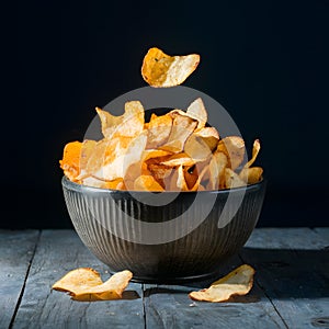 Potato chips in studio light, crispy snack captured deliciously photo