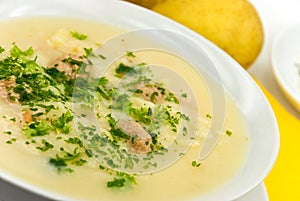 Potato cream soup with chopped meat balls