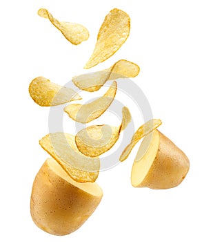 Potato and crispy potato chips isolated