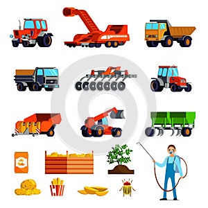 Potato cultivation flat icons set with plant and tubers pest control and agricultural vehicles isolated vector illustration