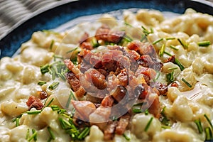 Potato dumplings with sheep cheese and bacon, traditional slovakian food, slovak gastronomy