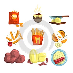 Potato food dishes set, snacks and cooked potato products vector Illustrations