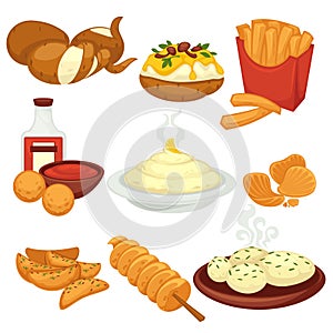 Potato food dishes snacks and cooked products vector flat icons