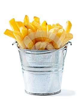 Potato Fries In Metalic Little Bucket Isolated