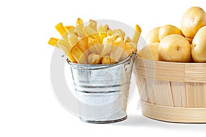 Potato Fries In Stilised Metalic Bucket And Whole Potato Isolated