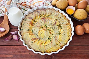 Potato gratin in round baking dish photo