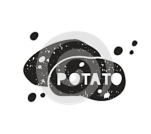Potato grunge sticker. Black texture silhouette with lettering inside. Imitation of stamp, print with scuffs