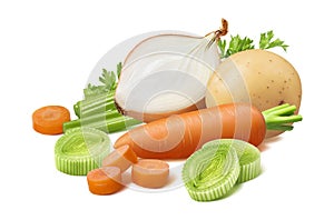 Potato, leek, celery, carrot and onion isolated on white background