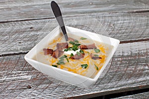 Potato Leek Soup in small white bowl