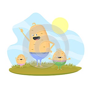 Potato Man character walking with young potato boys. Smiling dad with sons. Joyful father playing with his little kid