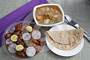 Potato Manchuria, Chickpea curry & flat bread