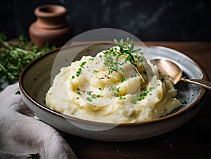 Potato mash with butter, fresh herbs in a ceramic bowl on a wooden table, dark background. Close up of delicious mashed potatoes.