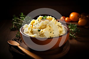 Potato mash with butter, fresh herbs and milk in ceramic bowl on a wooden table, rustic background. Homemade creamy mashed