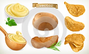 Potato, mash and chips. Vegetable. vector icon set