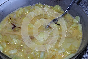 Potato omelet Spanish onion salt egg cooking delicious photo