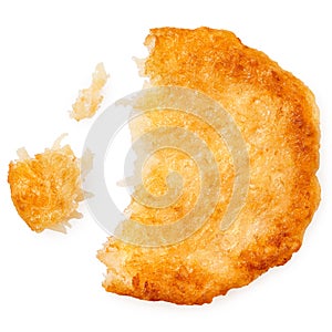 Potato pancake isolated on white from above. Partially eaten with crumbs