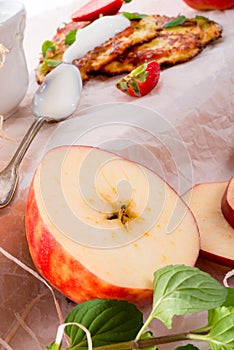 Potato pancakes with apfel and strawberry photo