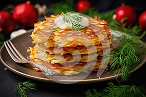 Potato pancakes or deruny. Ukrainian dish. Jewish Hanukkah latkes