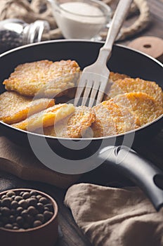 Potato pancakes in a frying pan. Selective focus.