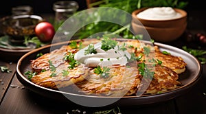 Potato pancakes or latkes or draniki with sour cream