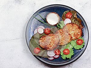 Potato pancakes on a round plate on a light gray background